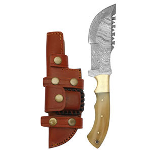 Couteau multifonctionnel à lame fixe Damas Tracker Outil d'extérieur avec gaine en cuir et poignée confortable - Product Image 1