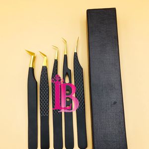 Pinces à épiler pour extensions de cils, pointe dorée, pinces noires, emballage en boîte de carton pour pinces à épiler, poignée lisse, faible MOQ, offre de logo - Product Image 1