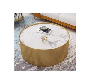 Nueva mesa de centro de diseño simple hecha a mano con tapa de mármol y mesa de centro de forma redonda soporte dorado a bajo costo - Product Image 1