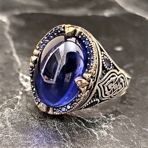 Anillo de Plata de Ley 925 de Estilo Vintage para Hombre con Gema de Zafiro Azul Oscuro, Anillo Hecho a Mano de Estilo Étnico - Product Image 3