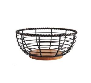 Panier d'organisation de rangement décoratif pour la maison et la cuisine en métal fer noir enduit de poudre avec socle en bois - Product Image 4