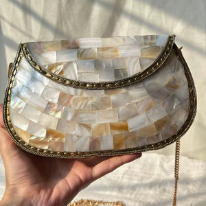 Handcrafted Mother of Pearl Mosaic Clutch <b>Bag</b> with Natural Shell Tiles <b>Gold</b> Tone Frame Luxury <b>Evening</b> Party Handbag Gift her - Product Image 1