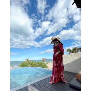 Robe maxi kaftan en tie-dye naturel écologique pour femmes, col en V, coupe ample, style bohème, vêtements de plage, été, resort, longue - Product Image 4