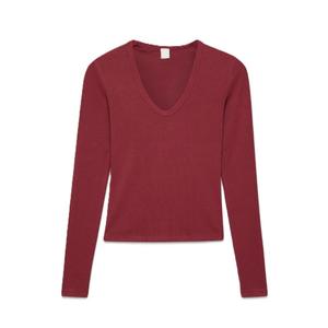 Camiseta ajustada de manga larga con cuello en V profundo para mujer de alta calidad, tela de punto de costilla suave de algodón, Color sólido hecho en Bangladesh - Product Image 3