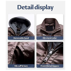 Veste Bomber de moto formelle vintage pour hommes, imperméable, coupe-vent, capuche amovible en PU, poches zippées, simili cuir, toile d'hiver - Product Image 6