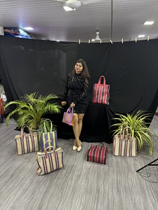 Plastic RPET Eco-Friendly Reusable Zipper Nylon Shopping <b>Bag</b> Striped Handloom Woven Recycled Plastic <b>Beach</b> <b>Bags</b> Made in India - Product Image 5