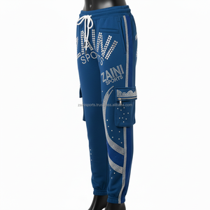 Pantalon de jogging pour femme de qualité supérieure, 300 GSM, coton, polyester, polaire, bleu marine, design à panneaux, logo en strass, transfert thermique, pantalon pour femme - Product Image 4