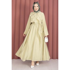 Robe asymétrique à volants en lin 100% pour hiver et printemps, style mousseline, 2 pièces, couleur vert olive, style club, manches courtes - Product Image 4