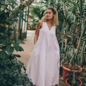 Mono Bohemio Dulce de Lino/Algodón Blanco, por Encima de la Rodilla, Transpirable, Vintage, Navideño, ODM, con Bolsillos, Cuello en V, Sin Mangas - Product Image 1