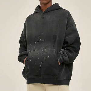 Sweat à capuche de luxe en coton délavé au soleil avec épaules tombantes, sweat à capuche noir surdimensionné polaire 400g - Product Image 1