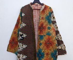 100% coton Kantha réversible veste manteau fait à la main imprimé fleuri veste ouverte avec broderie matelassée tissé-veste traitée - Product Image 2