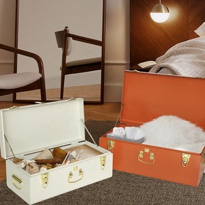 Set of 2 Decorative Metal Storage Trunks with Hardware Hasps Beige and Orange Keepsake Chests for Home Decor - Product Image 2