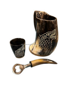 Bœuf de buffle Tasse en corne d'Afrique Conception complexe Chope en corne à collectionner Artisanat authentique Corne à boire tribale Médiévale - Product Image 3