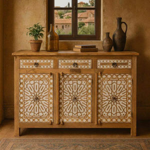 ตู้ข้างสไตล์บ้านไร่ทำมือแบบเรียบง่ายสำหรับห้องรับประทานอาหารและโรงแรม ตู้ไม้เนื้อแข็งพร้อมลิ้นชักเก็บของและประตูสามบาน - Product Image 1