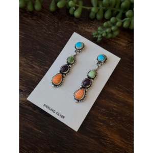 Boucles d'oreilles pendantes Navajo faites à la main en argent sterling et pierres multiples, en forme de goutte d'eau - Product Image 3