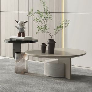 Plateau en bois pied en acier inoxydable dessus en marbre rond salon meubles de maison luxe côté centre café thé table - Product Image 4