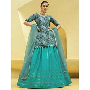 Lehenga Choli en soie chinon brodée de paillettes bleu turquoise pour les mariées ou les occasions spéciales - Product Image 4