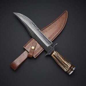 Cuchillo Bowie de Acero de Damasco Hecho a Mano con Mango de Cuerno de Ciervo y Funda de Cuero Fino, Cuchillo para Exteriores, Cuchillo al por Mayor - Product Image 5
