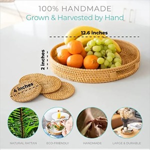 ถาดหวายทรงกลมทำด้วยมือถาดหวายแนววินเทจถาดหวายธรรมชาติปรับได้ถาดชาเบเกอรี่ผลไม้จากเวียดนาม - Product Image 5