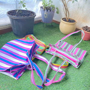 Bolsas de compras ecológicas tejidas PP a rayas de doble mango con bolsillo interior plástico de polipropileno y nailon reciclado sostenible - Product Image 1