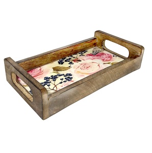 Plateau de service rectangulaire en bois élégant et personnalisable, éco-responsable, avec glaçure craquelée, pour la décoration de la maison, des hôtels, des restaurants et des bars - Product Image 1
