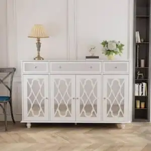 Accent Buffet Sideboard Serving Cabinet With Carved Mirror Door And 3 Drawers For Entryway Kitchen Dining Room