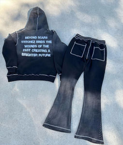 Survêtements personnalisés avec logo vintage, ourlet brut, coupe irrégulière, streetwear, sweat-shirts à effet délavé, pantalons de survêtement évasés, impression DTG - Product Image 4