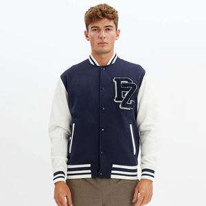 Chaqueta de bombardero de lana con mangas de cuero y béisbol universitario al por mayor para hombre con logotipo de parche de chenilla personalizado servicio OEM - Product Image 1