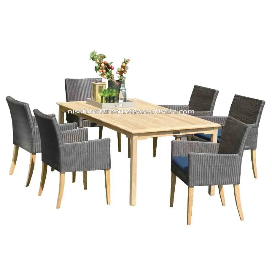 Sillas de comedor de mimbre y mesa con juegos de jardín de madera de teca, muebles de exterior para hotel