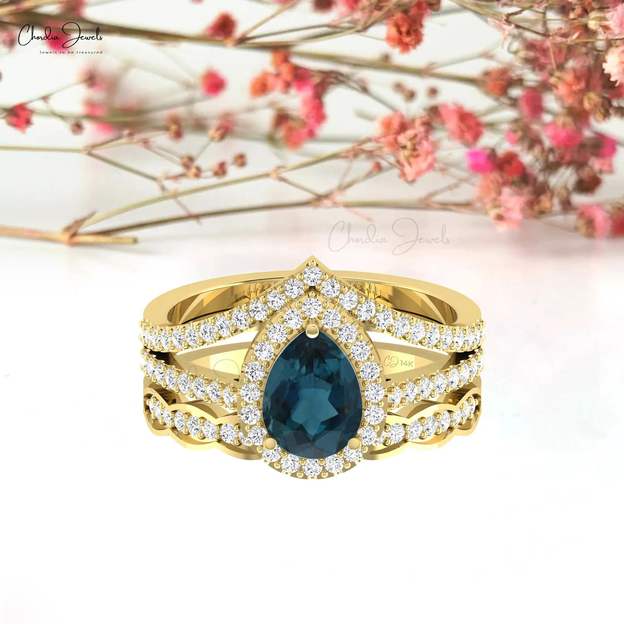 Meerlaagse Ring Met 1 Ct London Blauwe Topaas Edelsteen 14K Massief Goud Wit Diamant Halo Ring Handgemaakte Sieraden Leverancier