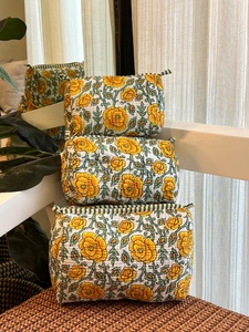 Set 3 Vintage Quilted Eco-Friendly for <b>Bags</b> Yellow Phool Jaal Water Resistant Zipper Closure <b>Large</b> Capacity Travel Cotton - Product Image 2