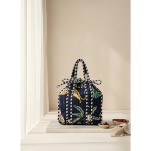 <b>Navy</b> Blue Jungle Print Cotton Bento Lunch <b>Bag</b> Waterproof Zipper Picnic Cooler - Product Image 5