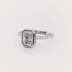 IGI Certified Radiant Cut Lab Grown Diamond Bezel Halo Engagement-Wedding Ring with Pave Band in <b>Solid</b> 925 Sterling <b>Silver</b> - Product Image 2