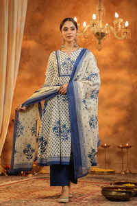 White and Blue Ethnic Motifs Printed <b>Kurta</b> with Solid Trousers Cotton Dupatta Embroidered Yoke Woven Round Neck Eco-Friendly - Product Image 4
