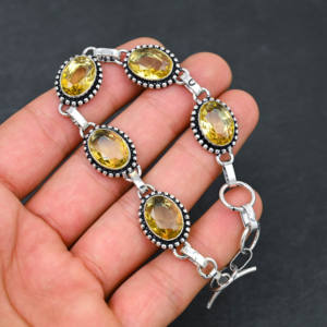 Bracelet en citrine jaune créé en laboratoire fait à la main en argent sterling plaqué IGI certifié bijoux de luxe designer pierres précieuses 7-8 "mariage - Product Image 2