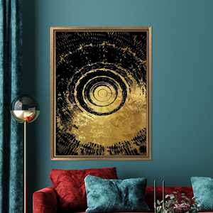 Impression sur toile élégante cercle noir et or, art mural abstrait aux anneaux, encadré or - Product Image 1