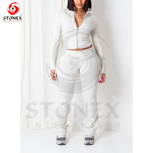 Custom Logo <b>Ladies</b> Sweatsuit Flared <b>Jogger</b> Sweatpants & <b>Cropped</b> Zipper Hoodie Set for Women - Product Image 2