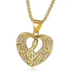 Fashion Wholesale Hip Hop Gold Plated Stainless Steel Diamond Music Note Heart Pendant Necklace For Unisex