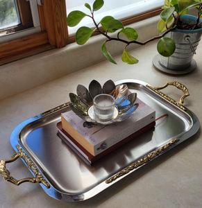 Vintage serving <b>tray</b> Ornate metal <b>tray</b> Silver and gold <b>tray</b> Decorative serving platter Luxury serving <b>tray</b> Rectangular metaltray - Product Image 3