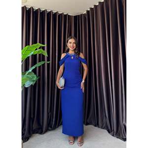MissJANELL Vestido largo negro con aberturas en los hombros para mujer, elegante mezcla de poliéster y licra para fiestas y eventos nocturnos, elegante vestido largo - Product Image 5