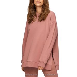 Sweats en molleton de coton 100% surdimensionnés décontractés pour femmes coupe ample col rond perlé et lavé - Product Image 3