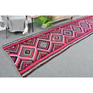 Alfombra de lana roja Kilim de área grande 3X12.7ft Rectángulo turco Pasillo Tejido plano Patrón de retazos Modelo Número Habitación Alfombra Látex - Product Image 1