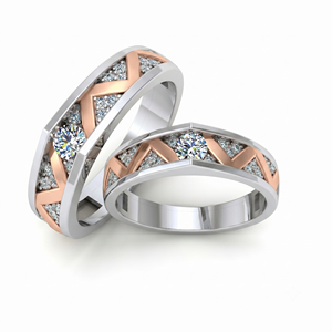 Anillos de Boda Clásicos de Dos Tonos con Diamantes, Anillos de Pareja con Diamantes Redondos de Corte Brillante, Diamantes Naturales y Cultivados en Laboratorio - Product Image 1