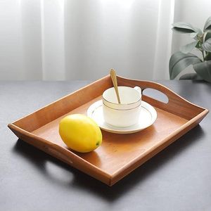 Plateau rectangulaire en bois artisanal avec poignées latérales pour servir les aliments, les boissons, le petit-déjeuner, la vaisselle, usage domestique rustique - Product Image 2