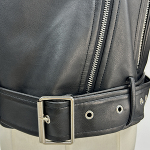 Chaqueta de Motociclista de Cuero Genuino para Mujer, Cuello Alto, Manga Larga, Cierre de Cremallera, Color Negro Sólido, Estilo Otoñal - Product Image 5