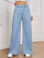 Jean cargo droit taille mi-haute en denim extensible pour femme grande taille, brodé, écologique et confortable pour le quotidien