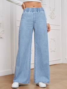 Pantalons en jean cargo droits à taille mi-haute en denim extensible décontracté pour femmes grandes tailles, confortables pour tous les jours - Product Image 5