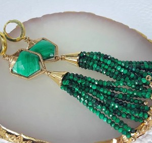 Statement Long Bohemian Malachite and Gold-Filled Tassel Earrings Quality <b>Emerald</b> Green Beaded Tassel Earrings - Product Image 1