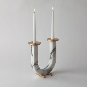 Marble & <b>Brass</b> Decorative <b>Candle</b> <b>Holder</b> with Cylindrical Metal Top and Round Veined Marble Base - Product Image 6
