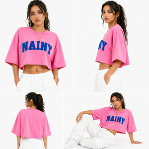 Custom Oversized Solid Color Cotton Crop Top Women Chenille Embroidery <b>T</b>-<b>Shirt</b> Loose <b>Fit</b> <b>Cropped</b> Tee Streetwear High Quality - Product Image 5